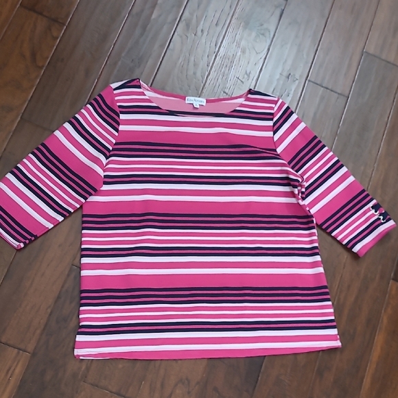 Kim Rogers Pink, Black and White Striped 3/4 Sleeve Ribbed Top size 2X - Picture 1 of 8